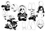  ass back_cutout blindfold breasts cleavage cleavage_cutout dress erect_nipples hair_over_one_eye hairband highres juliet_sleeves large_breasts leotard long_sleeves medium_breasts mole mole_under_mouth monochrome nier_(series) nier_automata open_mouth pod_(nier_automata) puffy_sleeves sketch sword thigh-highs tongue tongue_out weapon xiaobang yorha_no._2_type_b 