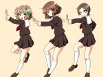  3girls bow brown_eyes brown_footwear brown_skirt green_bow green_eyes hair_bow hair_ornament hairclip hand_up hibike!_euphonium highres katou_hazuki kawashima_sapphire kneehighs long_sleeves looking_at_viewer medium_hair mitsuhiro-510-goto multiple_girls oumae_kumiko pose school_uniform serafuku short_hair simple_background skirt standing standing_on_one_leg wavy_hair white_legwear 