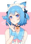  1girl absurdres animal_ears animare bare_shoulders blue_eyes blue_hair cat_ears cat_girl commentary_request eyebrows_visible_through_hair hand_up highres index_finger_raised izumi_sai looking_at_viewer raised_eyebrows solo souya_ichika upper_body virtual_youtuber 
