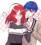  1boy 1girl ahoge alternate_costume bangs blue_eyes blue_hair blunt_bangs blush contemporary dot_nose embarrassed english_text eyebrows_visible_through_hair eyes_visible_through_hair hair_over_one_eye hand_on_another&#039;s_shoulder heart hetero holding houseki_no_kuni humanization long_hair looking_at_another medium_hair phosphophyllite pin_(velika) pink_heart red_eyes redhead shinsha_(houseki_no_kuni) short_hair shoulder_grab speech_bubble spoilers spoken_heart sweater thick_eyebrows upper_body 