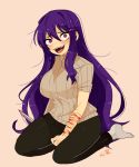  1girl bleeding blood blush breasts crazy_eyes crazy_smile doki_doki_literature_club hair_between_eyes hair_ornament hairclip knife kokomi_(aniesuakkaman) large_breasts long_hair long_sleeves open_mouth purple_hair sweater violet_eyes wrist_cutting yandere yuri_(doki_doki_literature_club) 