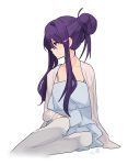  1girl doki_doki_literature_club dress hair_between_eyes hair_ornament hairclip kokomi_(aniesuakkaman) long_hair long_sleeves purple_hair sitting violet_eyes white_dress yuri_(doki_doki_literature_club) 