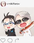  2boys ^_^ black_hair blue-framed_eyewear closed_eyes closed_eyes fake_screenshot glasses hair_slicked_back heart-shaped_mouth instagram jacket katsuki_yuuri male_focus multiple_boys open_mouth ruei_(chicking) self_shot silver_hair smile sunglasses track_jacket v viktor_nikiforov yuri!!!_on_ice 