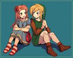  1boy 1girl 90s blonde_hair blue_eyes brown_hair dress flower hair_flower hair_ornament hat jewelry link long_hair marin_(the_legend_of_zelda) necklace nintendo open_mouth pointy_ears redhead simple_background smile the_legend_of_zelda the_legend_of_zelda:_link&#039;s_awakening zelda_timit 