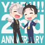  2boys ^_^ anniversary black_hair bow bowtie chains closed_eyes closed_eyes english_text formal hand_holding heart-shaped_mouth ice_skates katsuki_yuuri male_focus multiple_boys open_mouth ruei_(chicking) silver_hair skates smile suit v viktor_nikiforov waistcoat yuri!!!_on_ice 