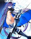  1girl blue_eyes blue_ribbon coat crotch_plate fate/extra fate/extra_ccc fate/grand_order fate_(series) flat_chest hair_ribbon highres long_hair meltlilith metal_boots midriff navel nishiide_kengorou no_pants official_art prosthesis prosthetic_leg purple_hair ribbon solo spikes very_long_hair 