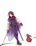  1girl boa_(brianoa) breasts hair_over_one_eye highres kirijou_mitsuru lips long_hair persona persona_3 rabbit red_eyes redhead simple_background solo sword weapon white_background 