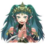  1girl artist_name braid fire_emblem fire_emblem:_three_houses green_eyes green_hair hands_together highres long_hair mamkute multicolored_hair nintendo open_mouth own_hands_together pointy_ears solo sothis soyuki511 tiara transparent_background twin_braids upper_body 