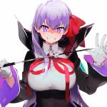  1girl bb_(fate)_(all) bow breasts cape collar eyebrows_visible_through_hair fate/extra fate_(series) gloves grin hair_ribbon large_breasts long_hair long_sleeves looking_at_viewer namie-kun purple_hair ribbon smile solo violet_eyes wand white_background 