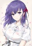  1girl black_ribbon blush breasts buttons closed_mouth collared_shirt commentary_request fate/stay_night fate_(series) floating_hair hair_ribbon highres large_breasts long_hair looking_at_viewer matou_sakura petals purple_hair red_ribbon ribbon shirt short_sleeves sidelocks smile solo upper_body violet_eyes white_shirt yumaomi 