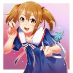  1girl :d augma backpack bag blue_dress brown_eyes brown_hair collarbone dress hair_between_eyes hair_bobbles hair_ornament highres is_ii leaning_forward neck_ribbon open_mouth pina_(sao) red_eyes ribbon sailor_collar shiny shiny_hair short_hair short_sleeves silica smile solo striped striped_ribbon sword_art_online twintails white_sailor_collar 