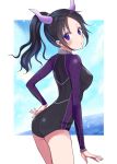  1girl absurdres black_hair black_leotard bracelet character_request cowboy_shot erect_nipples from_side highres horns jewelry kuroneko_w1nter leotard long_hair long_sleeves looking_at_viewer nail_polish pink_nails ponytail purple_sleeves shiny shiny_clothes solo standing violet_eyes 