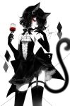  1girl ;) absurdres alcohol black_dress black_gloves black_hair black_legwear bow bowtie cat_tail cowboy_shot crescent crescent_hair_ornament cup dress drinking_glass elbow_gloves eyelashes finger_to_mouth garter_straps gloves hair_ornament hair_over_one_eye hands_up head_tilt highres holding holding_cup limited_palette looking_at_viewer one_eye_closed original red_eyes sheya short_dress simple_background smile solo spot_color standing tail thigh-highs thighs white_background wine wine_glass zettai_ryouiki 