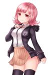  1girl bangs beige_skirt black_hoodie black_legwear blush commentary_request dangan_ronpa dot_nose eyebrows_visible_through_hair flipped_hair hand_on_own_chest highres hood hoodie long_sleeves looking_at_viewer nanami_chiaki neit_ni_sei pink_eyes pink_hair pink_ribbon pleated_skirt ribbon shirt short_hair simple_background skirt smile solo standing super_dangan_ronpa_2 thigh-highs white_background white_shirt 