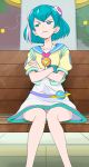  1girl bench blue_eyes blue_hair closed_mouth crossed_arms frown hagoromo_lala haruyama_kazunori pointy_ears precure short_hair short_sleeves sitting skirt solo star_twinkle_precure white_skirt 