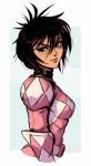  &gt;:) 1girl black_hair breasts brown_eyes dave_rapoza from_side hair_between_eyes highres kimberly_ann_hart medium_breasts mighty_morphin_power_rangers pink_ranger power_rangers short_hair smile solo spiky_hair upper_body watermark web_address 