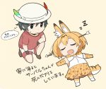  2girls absurdres animal_ears arrow arrow_in_head blonde_hair blush boots bow bowtie brown_footwear brown_gloves chibi closed_eyes closed_mouth drooling elbow_gloves gloves green_eyes green_hair hat_feather helmet highres kaban_(kemono_friends) kasa_list kemono_friends multiple_girls no_legwear one_knee pith_helmet print_gloves print_neckwear print_skirt red_shirt serval_(kemono_friends) serval_ears serval_print serval_tail shirt short_shorts short_sleeves shorts skirt sleeping sleeveless sleeveless_shirt striped_tail sweat tail thigh-highs translation_request wavy_mouth white_shirt white_shorts zzz 