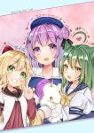  3girls ahoge akashi_(azur_lane) albacore_(azur_lane) azur_lane beret blonde_hair bow commentary_request cosplay dated double_v gochuumon_wa_usagi_desu_ka? green_eyes green_hair grin hair_bow hair_ornament hat highres kafuu_chino kafuu_chino_(cosplay) katsushika_pachi long_hair long_sleeves looking_at_viewer multiple_girls purple_hair school_uniform simple_background smile stuffed_animal stuffed_toy toshinou_kyouko toshinou_kyouko_(cosplay) unicorn_(azur_lane) v violet_eyes x_hair_ornament yellow_eyes yuru_yuri 