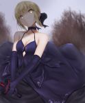  1girl artoria_pendragon_(all) black_bow black_skirt blonde_hair blue_gloves blue_shirt blurry blurry_background bow breasts choker cleavage clouds cloudy_sky collarbone dark_excalibur elbow_gloves fate/stay_night fate_(series) formal gloves hair_bow head_tilt highres holding holding_sword holding_weapon medium_breasts outdoors saber_alter santarou shirt short_hair skirt skirt_suit sky sleeveless sleeveless_shirt solo standing suit sword weapon yellow_eyes 