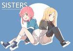  2girls absurdres bangs black_legwear blonde_hair bural_chingu english_text full_body hair_between_eyes highres hood hoodie lee_ji-eun_(bural_chingu) lee_ji-min long_hair looking_at_viewer luke_(dydansgur) multiple_girls pink_hair red_eyes shoes short_hair siblings sidelocks sisters sleeves_past_wrists smile sneakers socks sweatdrop thigh-highs white_legwear 