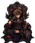  1boy armchair belt black_pants blue_eyes brown_hair chair cropped_legs crown gloves hand_on_own_face hood hoodie jewelry kingdom_hearts kingdom_hearts_iii legs_crossed looking_at_viewer mini_crown necklace nomura_tetsuya official_art open_clothes open_hoodie pants shoes smile sneakers solo sora_(kingdom_hearts) spiky_hair square_enix transparent_background v-neck zipper 