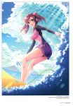  1girl :d absurdres ahoge an2a ass bangs bikini_shorts blurry breasts clouds cloudy_sky folded_ponytail hair_ornament highres long_hair long_sleeves looking_at_viewer medium_breasts mountain ocean open_mouth outdoors purple_hair rash_guard scan shiny shiny_skin shirt short_shorts shorts sid_story sidelocks sky smile solo surfboard surfing thighs twintails violet_eyes water waves 