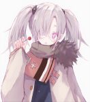  1girl :o bangs blue_jacket blush brown_scarf buran_(kure) eyebrows_visible_through_hair food fur-trimmed_jacket fur_trim girls_frontline glasses grey_hair grey_jacket hair_over_one_eye hand_up head_tilt highres hk21_(girls_frontline) holding holding_food holding_lollipop jacket long_hair long_sleeves looking_at_viewer open_clothes open_jacket parted_lips pinching_sleeves revision round_eyewear scarf sidelocks simple_background sleeves_past_wrists solo twintails upper_body violet_eyes white_background 