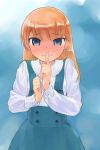  1girl blonde_hair blue_eyes blush commentary dress eyebrows_visible_through_hair finger_to_mouth highres ikeda_jun_(mizutamari) original pinafore_dress shushing solo wavy_mouth 