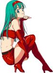  1girl aqua_eyes aqua_hair bandeau bangs boots bra_(dragon_ball) bridal_gauntlets dragon_ball from_side full_body hairband high_heel_boots high_heels highres knees_up long_hair looking_at_viewer midriff red_footwear red_hairband red_legwear simple_background smile solo thigh-highs thigh_boots white_background zau_(okogesan) 