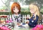  2girls alternate_hairstyle bangs black_neckwear blonde_hair blouse blue_sweater blurry blurry_background blurry_foreground blush brown_eyes brown_hair chair closed_eyes commentary_request cookie cup dappled_sunlight darjeeling day depth_of_field dress_shirt emblem eyebrows_visible_through_hair flower food fuku_kitsune_(fuku_fox) girls_und_panzer hair_down hedge_(plant) holding holding_cup holding_saucer long_hair long_sleeves looking_at_another macaron multiple_girls neckerchief necktie nishizumi_miho ooarai_school_uniform outdoors pink_flower pink_rose rose saucer school_uniform serafuku shadow shirt short_hair sitting st._gloriana&#039;s_(emblem) sunlight sweater tea_party tea_set teacup teapot tiered_tray tree v-neck white_blouse white_shirt wind 