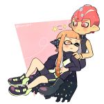  1boy 1girl agent_8 bike_shorts black_cape black_footwear blush boots cape closed_mouth domino_mask frown full_body headgear highres inkling kirikuchi_riku long_hair long_sleeves looking_at_another mask mohawk octarian octoling one_eye_closed open_mouth orange_eyes orange_hair pink_eyes pink_hair shoes short_hair single_vertical_stripe splatoon splatoon_(series) splatoon_2 splatoon_2:_octo_expansion squidbeak_splatoon star suction_cups tentacle_hair torn_cape torn_clothes twitter_username vest wristband zipper zipper_pull_tab 