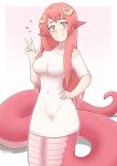  1girl breasts cleavage commission hair_between_eyes lamia large_breasts long_hair looking_at_viewer miia_(monster_musume) monster_girl monster_musume_no_iru_nichijou peace_sign pointy_ears red_hair redhead scales selirum smile snake_tail solo strapless tail white_shirt yellow_eyes 
