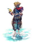  1boy barefoot belt black_pants brown_hair food food_in_mouth from_behind fruit gloves holding holding_food holding_fruit hood hood_down hoodie kingdom_hearts kingdom_hearts_iii nomura_tetsuya official_art pants paopu_fruit pocket short_sleeves simple_background solo sora_(kingdom_hearts) spiky_hair square_enix standing walking water white_background 