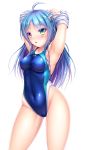  1girl ahoge armpits arms_up blue_hair blue_swimsuit blush competition_swimsuit covered_navel covered_nipples cowboy_shot eyebrows_visible_through_hair green_eyes hair_ornament heterochromia highleg highleg_swimsuit highres hiro_(725611) long_hair one-piece_swimsuit open_mouth original pink_eyes shiny shiny_hair simple_background skin_tight solo standing sweatdrop swimsuit undressing white_background 