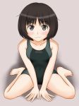  1girl :3 amagami bangs between_legs blush bob_cut breasts brown_eyes brown_hair closed_mouth commentary competition_swimsuit hand_between_legs hands_on_ground kaito_(aoba1192) leaning_forward light_smile looking_at_viewer messy_hair one-piece_swimsuit short_hair simple_background sitting small_breasts solo swimsuit tachibana_miya tan_background wariza 