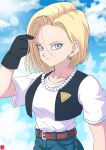  1girl absurdres android_18 bead_necklace beads belt black_gloves blonde_hair blue_eyes blue_sky breasts chris_re5 clouds cropped_vest dragon_ball dragonball_z earrings gloves highres jewelry medium_breasts necklace signature sky solo sunlight upper_body 