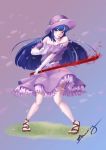  1girl absurdres alternate_costume bare_legs blue_hair brwn cherry_blossoms dress elbow_gloves food fruit gloves hat highres hinanawi_tenshi long_hair peach red_eyes sandals signature sword_of_hisou touhou white_gloves 