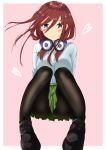  1girl absurdres black_footwear blue_cardigan blue_eyes breasts brown_hair closed_mouth commentary_request go-toubun_no_hanayome green_skirt hair_between_eyes headphones headphones_around_neck highres large_breasts long_hair nakano_miku pantyhose pleated_skirt recia sitting skirt smile 