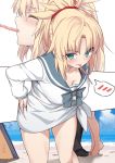  1girl bangs bare_legs beach black_legwear blonde_hair blush bow braid breasts cleavage clouds collarbone commentary_request day eyebrows_visible_through_hair fate/grand_order fate_(series) food food_in_mouth green_eyes hand_on_hip looking_at_viewer medium_breasts mordred_(fate)_(all) multiple_views ocean parted_bangs ponytail red_scrunchie sailor_senshi_uniform scrunchie shirt shiseki_hirame short_hair solo_focus speech_bubble standing water 