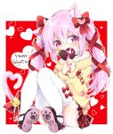  1girl alternate_hairstyle animal_ear_fluff animal_ears azur_lane bangs black_choker blush bow brown_footwear cat_ears cat_girl cat_tail chocolate chocolate_heart choker collarbone commentary_request covered_mouth eyebrows_visible_through_hair food full_body hair_between_eyes hair_bow hair_ornament hair_ribbon hands_together happy_valentine heart heart_hair_ornament heart_tail highres holding holding_food jewelry kisaragi_(azur_lane) long_sleeves off-shoulder_sweater own_hands_together pone red_background red_bow red_ribbon ribbon ring shoe_soles sleeves_past_wrists solo sweater tail thigh-highs twintails two-tone_background violet_eyes white_background white_legwear yellow_sweater 