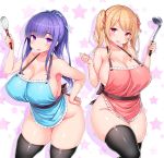  2girls apron bangs black_legwear black_ribbon blonde_hair blue_ribbon blush breasts cleavage collarbone commentary erect_nipples eyebrows_visible_through_hair hair_between_eyes hair_ornament hair_ribbon hand_on_hip hands_up holding large_breasts long_hair looking_at_viewer multiple_girls naked_apron no_panties open_mouth original plump ponytail puffy_nipples purple_hair red_eyes red_ribbon ribbon sideboob simple_background skindentation smile standing star starry_background sweatdrop thigh-highs tsukumiya_amane twintails violet_eyes whisk 