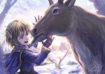 animal antlers arms_up ascot backlighting bare_tree belt bird brown_hair capelet commentary earrings fantasy gloves grass hair_ornament happy highres hug jewelry licking morning one_eye_closed original photoshop_(medium) rabbit reindeer shiki_makoto short_hair signature size_difference smile snow stream sunlight sunrise tongue tongue_out tree violet_eyes water winter 