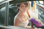  1girl blurry bouquet bride brown_eyes brown_hair car depth_of_field dress earrings eiri_su flower ground_vehicle holding jewelry looking_at_viewer motor_vehicle original parted_lips photo-referenced signature sitting smile wedding_dress 
