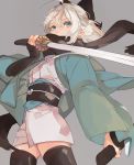  1girl ahoge bangs black_legwear black_scarf blue_eyes breasts covered_mouth cowboy_shot fate/grand_order fate_(series) hair_between_eyes haori holding holding_sword holding_weapon japanese_clothes katana kimono legs_apart long_sleeves motu0505 obi okita_souji_(fate) okita_souji_(fate)_(all) sash scarf sheath shinsengumi short_hair short_kimono small_breasts solo sword thigh-highs weapon white_hair white_kimono zettai_ryouiki 