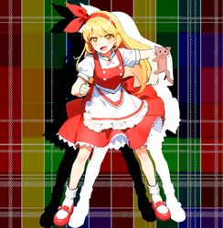  1boy 1girl :d apron blonde_hair bow bow_hairband buttons cat commentary_request ellen_(touhou) frilled_skirt frills hair_bow hairband happy legs long_hair mary_janes open_mouth puffy_short_sleeves puffy_sleeves red_bow red_footwear red_skirt red_vest shirt shoes short_sleeves skirt smile socks sokrates_(touhou) solo standing touhou touhou_(pc-98) turtleneck vest voyager_(user_yrzv4324) waist_apron white_apron white_shirt white_socks yellow_eyes 