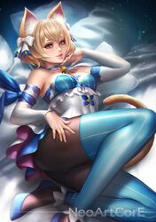  1girl animal_ears arm_ribbon artist_name ass bangs bare_shoulders black_legwear blonde_hair blue_choker blue_footwear blue_legwear blue_ribbon blush bow breasts brown_eyes cat_ears cat_girl cat_tail choker detached_sleeves dress felix_argyle frills genderswap genderswap_(mtf) hair_bow hand_on_own_chin hand_on_own_thigh long_sleeves looking_at_viewer nudtawut_thongmai pantyhose parted_lips pillow re:zero_kara_hajimeru_isekai_seikatsu ribbon shoes short_dress short_hair small_breasts smile solo strapless strapless_dress striped striped_legwear tail vertical-striped_legwear vertical_stripes white_bow white_dress 