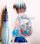  1girl artist_name backpack bag blue_skirt blue_sweater facing_away leaf meyoco multicolored_sweater original photo pink_sweater plant pleated_skirt short_hair simple_background skirt solo sweater traditional_media transparent white_background 