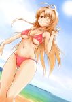  1girl ;) absurdres antenna_hair bikini blue_sky breasts brown_eyes brown_hair commentary_request day dutch_angle erect_nipples feet_out_of_frame from_below gluteal_fold hair_intakes highres long_hair love_hina medium_breasts narusegawa_naru navel ocean one_eye_closed red_bikini shimamoto_(natsuki) sky smile solo swimsuit thigh_gap under_boob v 