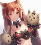  1girl animal_ears bangs bare_shoulders blush breasts cerberus_(shingeki_no_bahamut) cleavage closed_mouth dog_ears gauntlets granblue_fantasy hand_puppet long_hair looking_at_viewer medium_breasts midriff puppet red_eyes redhead revealing_clothes riku_(wana) shingeki_no_bahamut simple_background smile solo twintails very_long_hair white_background 
