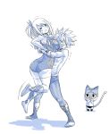  &gt;_&lt; 1boy 1girl :&lt; ass bearhug boots breasts cat fairy_tail grin happy_(fairy_tail) knee_boots large_breasts lifting_person lucy_heartfilia mashima_hiro monochrome natsu_dragneel one_side_up pantyhose shirtless short_hair smile spiky_hair struggling sweat thigh-highs wrestling_mask wrestling_outfit 